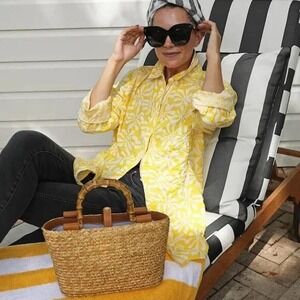 J.MCLAUGHLIN Shirt Women's Medium Yellow Floral Crinkle Cotton Button Down Top